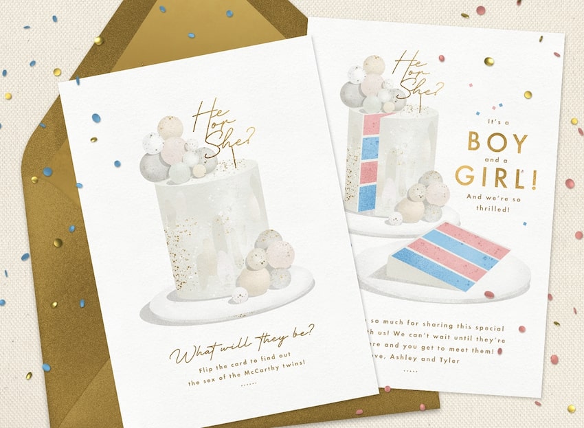 Intimate gender reveal ideas: 2 baby shower invitation cards
