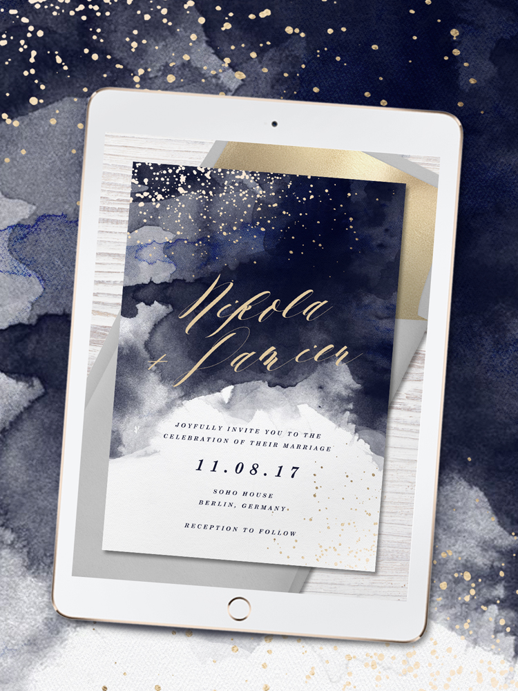 Watercolor and flecks of gold on this beautiful online wedding invitation 