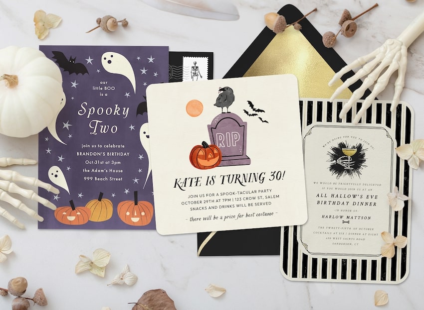 3 Halloween birthday invitations and Halloween decorations