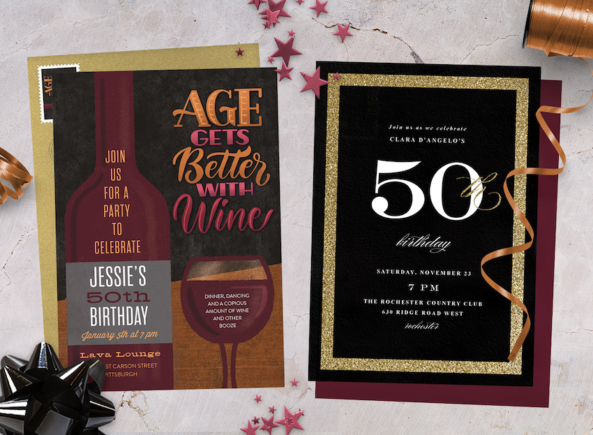 Two 50th birthday invitations surrounded by gold ribbon and star-shaped confetti