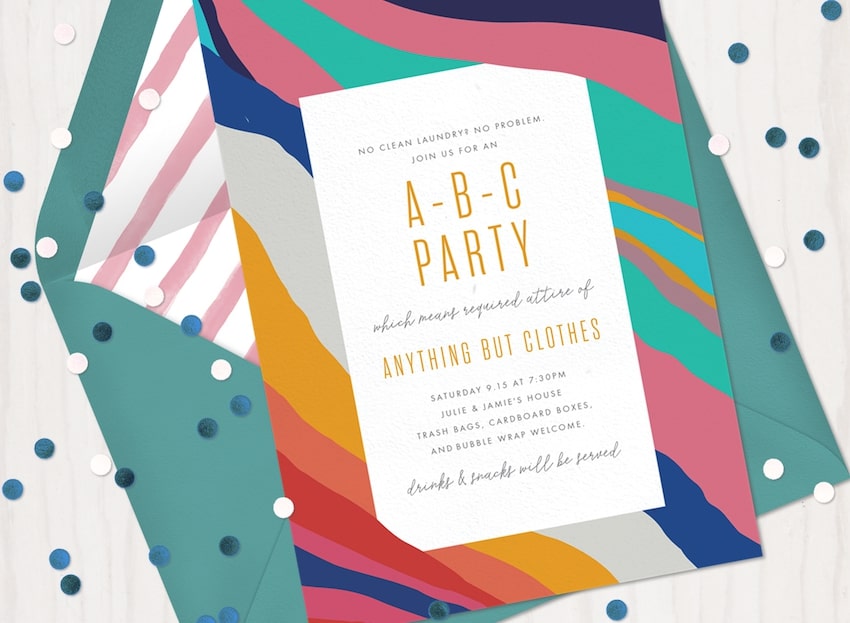 Anything but clothes party ideas: A-B-C Party invitation