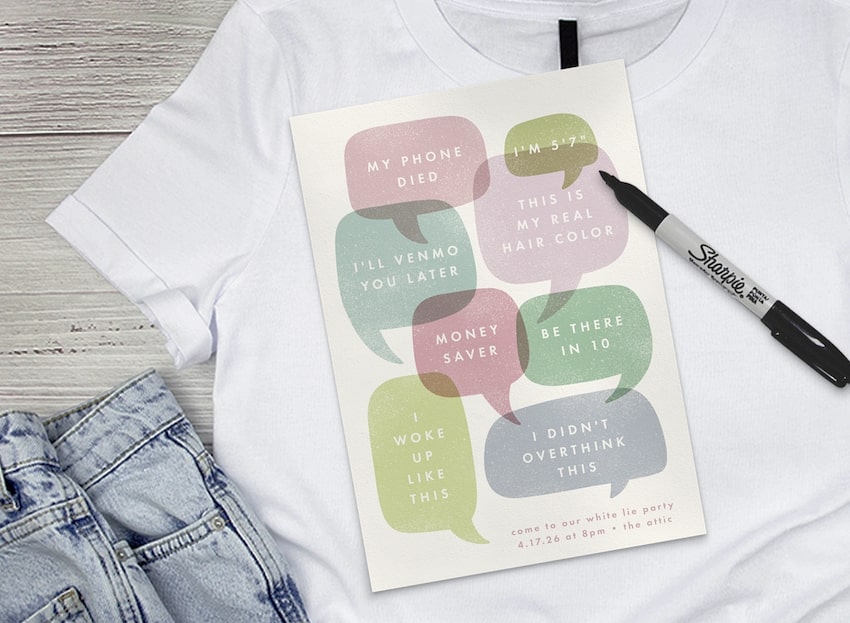 White lie party ideas: A Whole Lot of Thanks Card, white shirt, Sharpie, and a pair of jeans