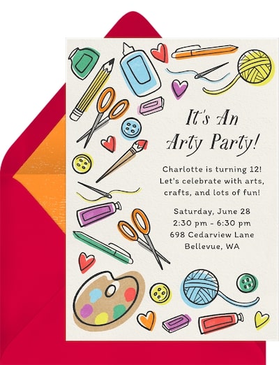 Tween birthday party ideas: Arts and Crafts Invitation