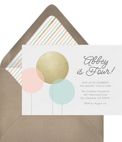 Golden birthday ideas for girl: Baby Balloons Invitation