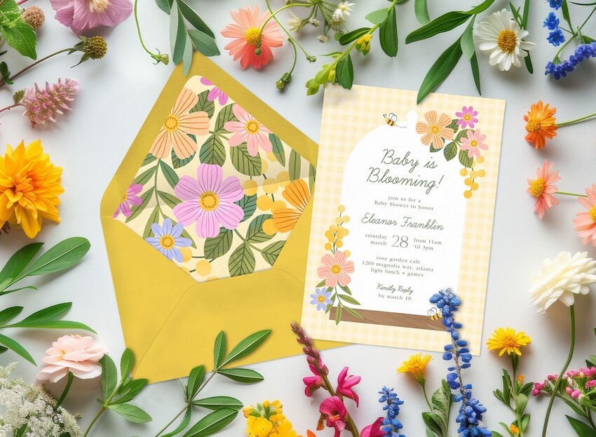 Floral baby shower invitations surrounded by flowers