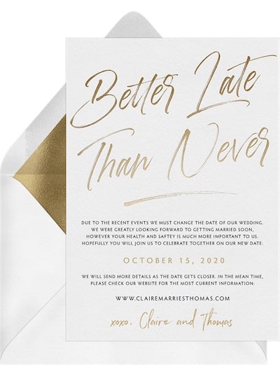 Postponed wedding card: Better-Late-Than Never Announcement