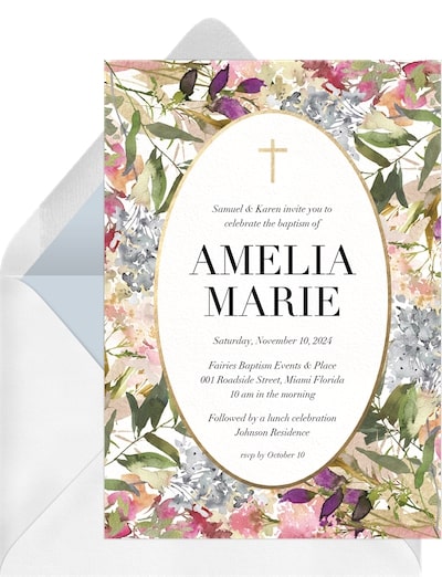 Baptism invitations girl: Botanical Oval Invitation