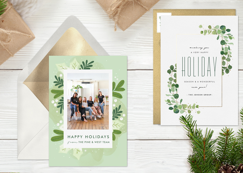 Business holiday cards on a rustic background