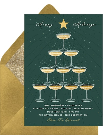 New Years Eve party themes: Champagne Tower Tree Invitation