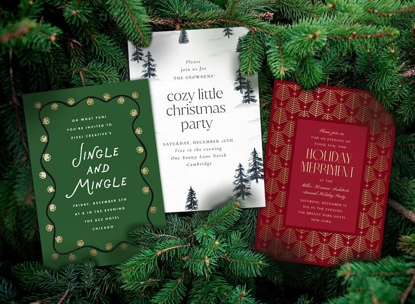 3 Christmas party invitations surrounded by pine branches