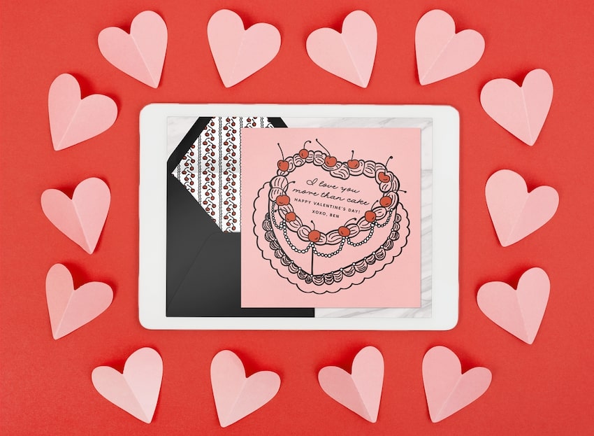 Digital Valentines Day card: Doodle Cake Valentine Card surrounded by cut-out paper hearts
