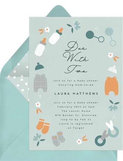 Twins baby shower invitations: Due With Two Invitation