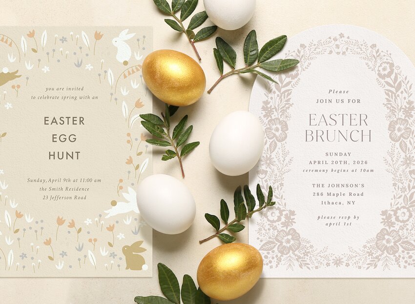 Easter brunch ideas: Easter brunch invitation cards, 3 white eggs, and 2 golden eggs