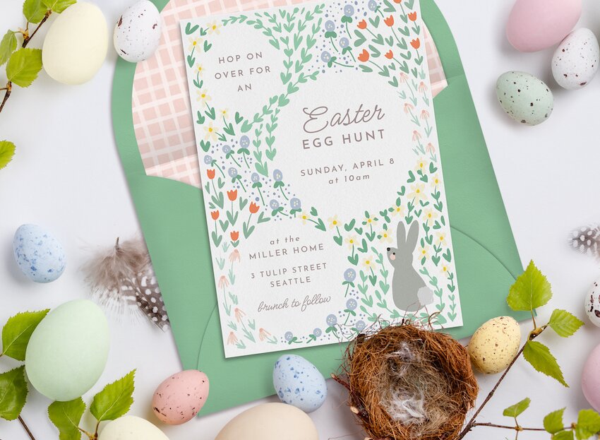 Easter egg hunt invitation, colorful Easter eggs, and a nest