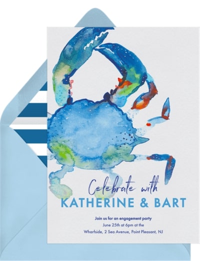 Engagement party seafood boil invitation from Greenvelope with a painted crab