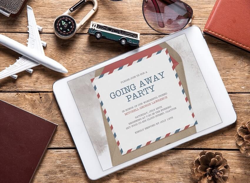 Going Away Party invitation on a tablet screen