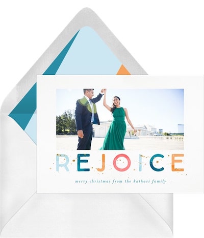 Religious Easter greetings: Gold Splatter Rejoice Card