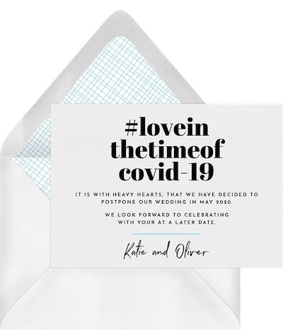 Postponed wedding card: In The Time Of Announcement
