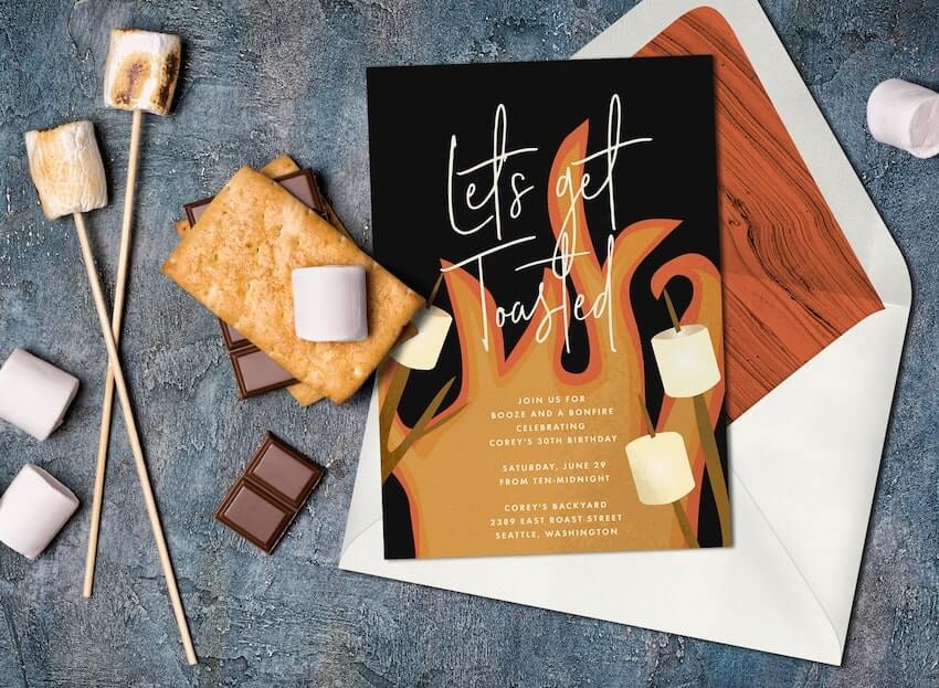 Bonfire party: Let's Get Toasted Invitation with s'mores and marshmallows