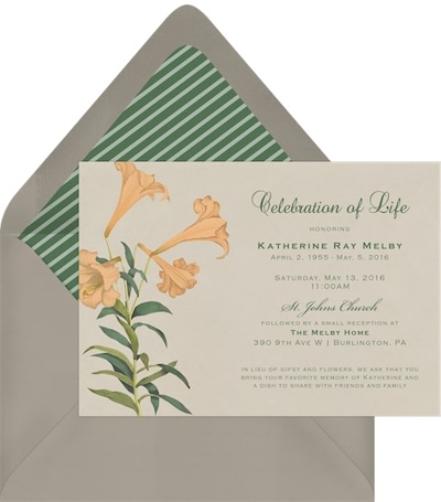 Celebration of life invitations: Lily Trumpets Announcement