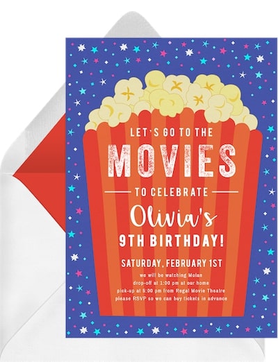7 year old birthday party ideas: Movie Popcorn Invitation
