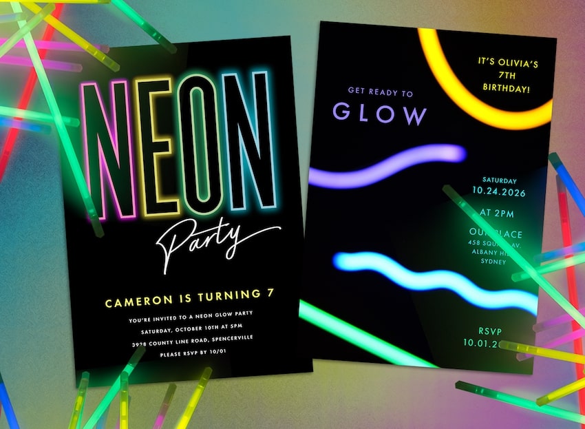 7 year old birthday party ideas: Neon Party Invitation and Glow Sticks Invitation