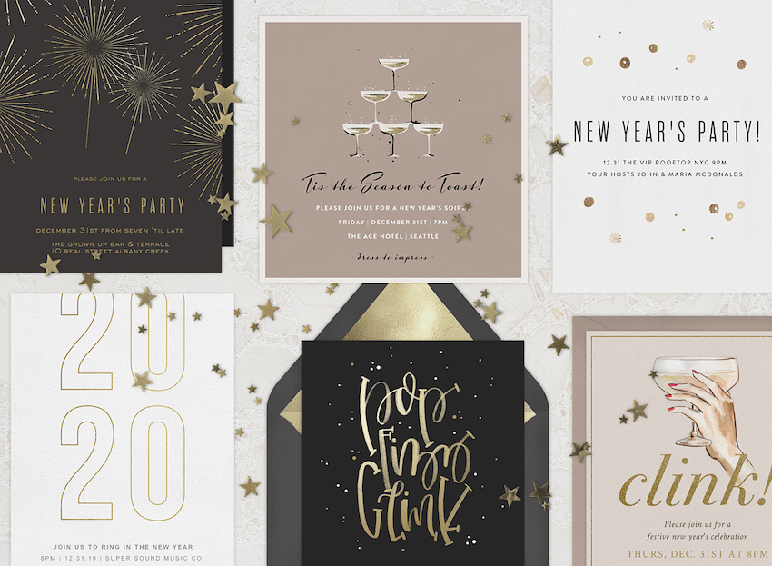 A variety of New Year's Eve cards sprinkled with confetti