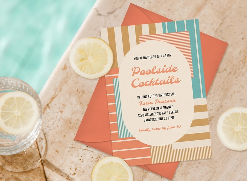Pool party invitations: Patchwork Beach Towels Invitation and a few slices of lemon