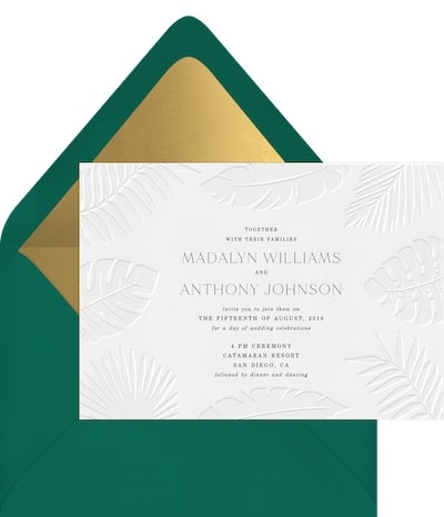 Destination wedding invitations: Pressed Palms Invitation