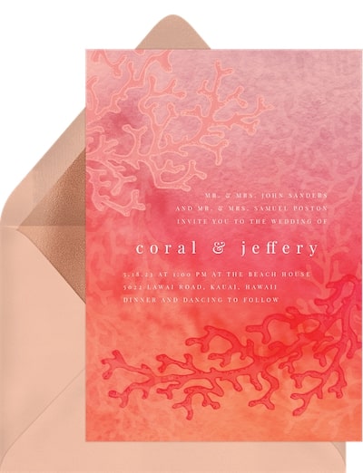 Tropical wedding invitations: Quintessential Coral Invitation