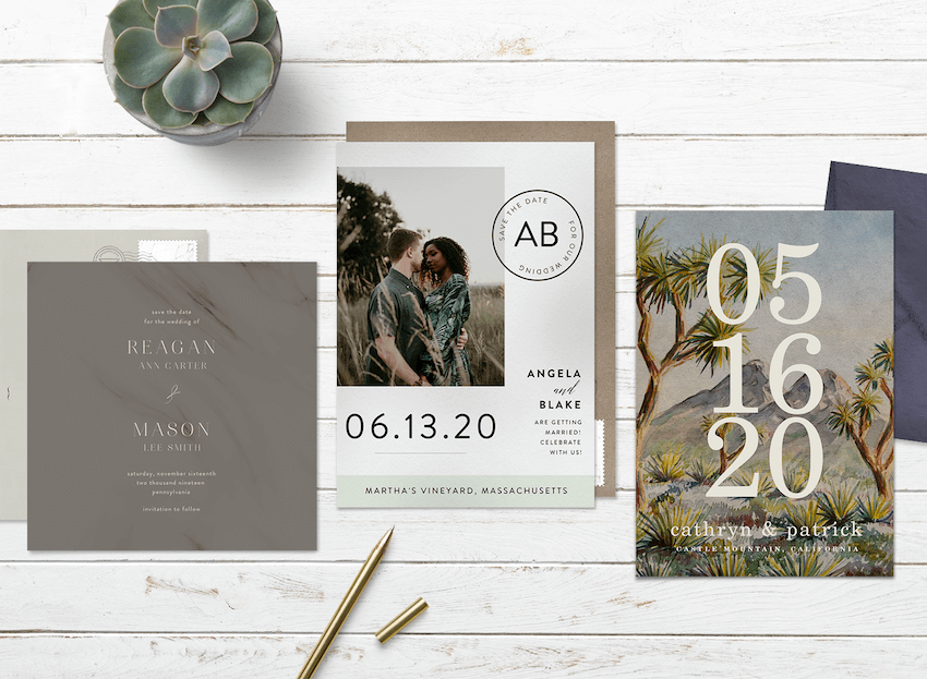 Save the date wording: three cards and a pen