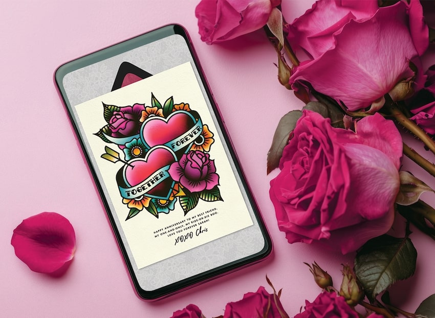 Anniversary ecard: Valentine's Ink Card on a phone screen and a couple of pink roses