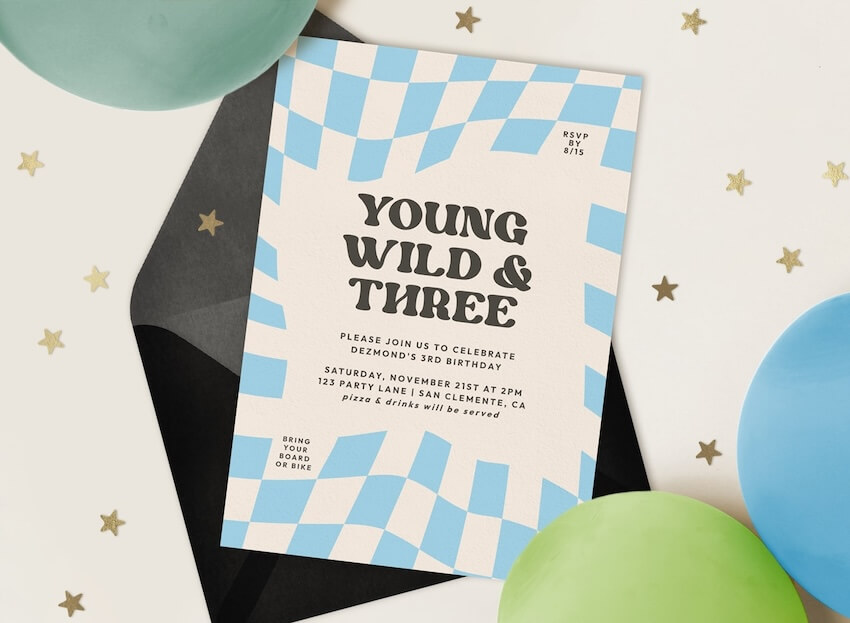 Young, Wild, and Three birthday invitation card