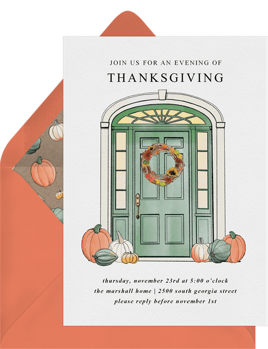 A Thanksgiving invitation with an illustrated door surrounded by pumpkins