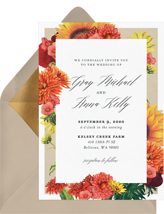 fall wedding invitations: Autumn Dahlias Invitation from Greenvelope