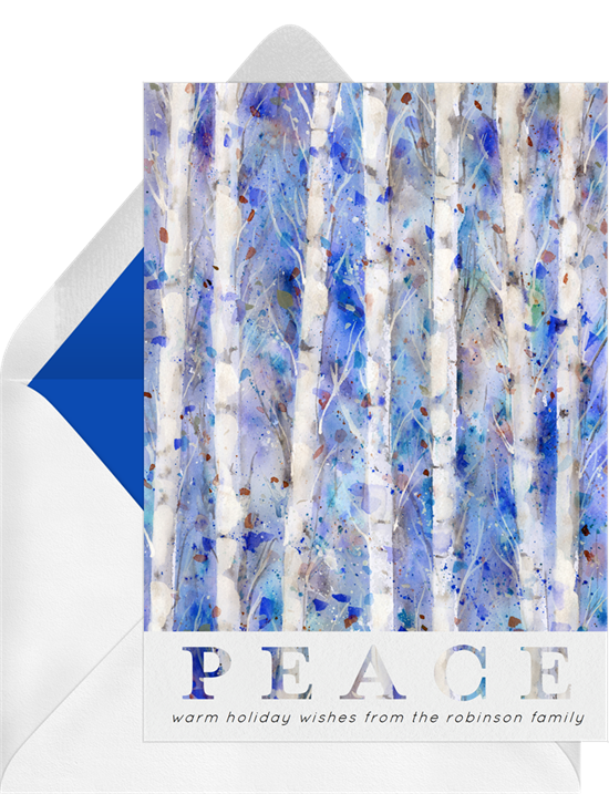 Digital photo cards with a blue and white, watercolor birch forest and the word "PEACE"