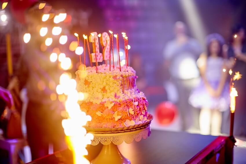 Birthday cake with candles on top, surrounded by sparklers