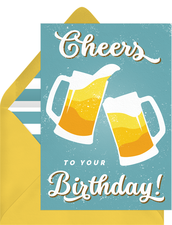 Cheers to your birthday design featuring cheers-ing beer mugs on a blue background