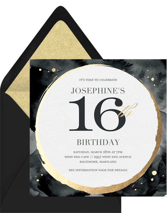 sweet 16th invitation wording: black and gold themed sweet 16 invitation