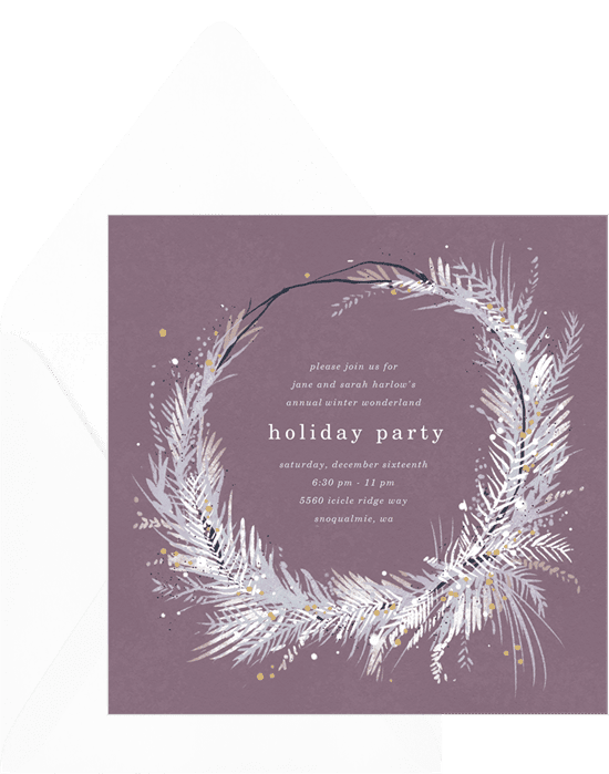 A holiday party invitation with a wintery wreath border