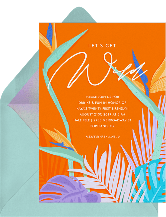 tropical party: bold colors with leaves invitation