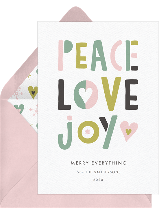 Digital holiday cards with playful, pink and green lettering that spells out "Peace, Love, Joy"