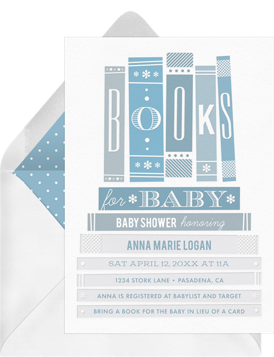 Online baby shower invitations with stacks of books