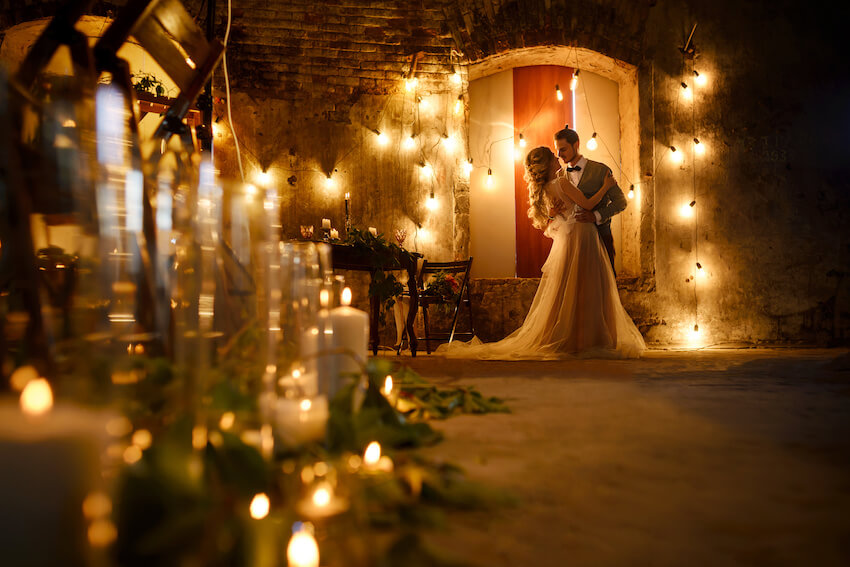 Budget rustic wedding ideas: bride and groom looking at each other