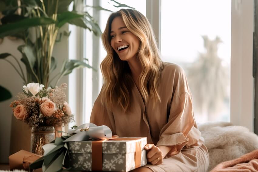 Bridal shower gift ideas: bride happily holding a gift