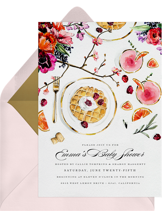 Online baby shower invitations with watercolor flowers, plates of waffles, and fancy drinks