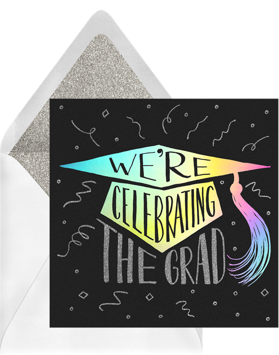 "We're celebrating the grad" online graduation invitations with a rainbow metallic graduation cap