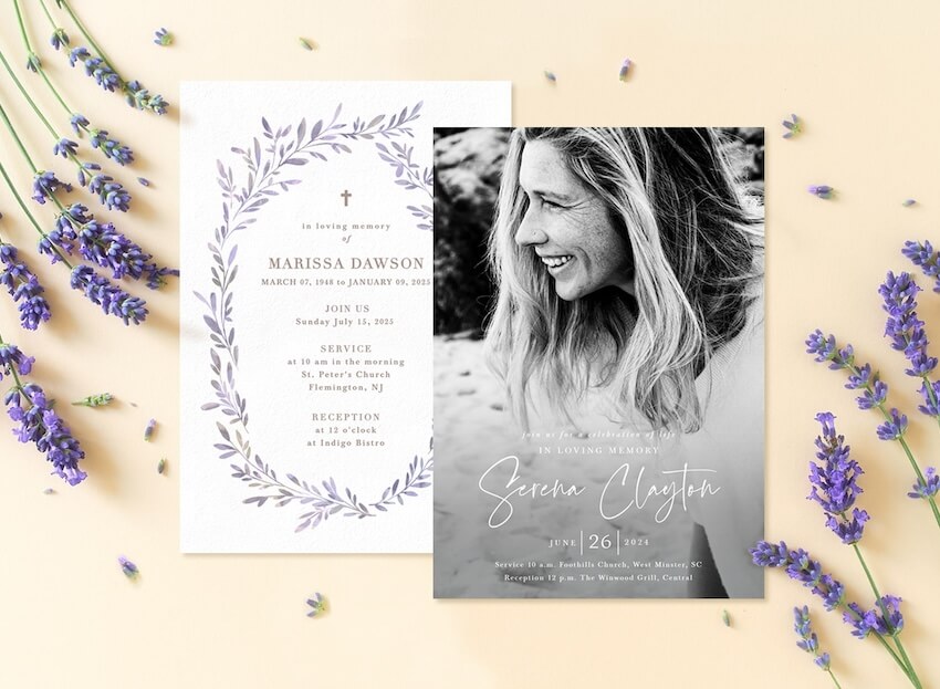 Celebration of life invitations and some lavander flowers