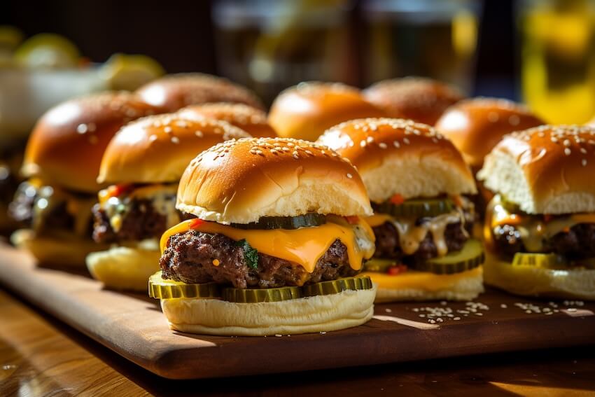 Football party food ideas: close up of cheeseburger sliders