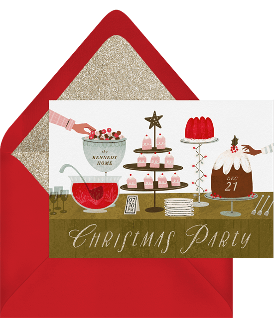 A Christmas party invitation featuring an illustrated buffet